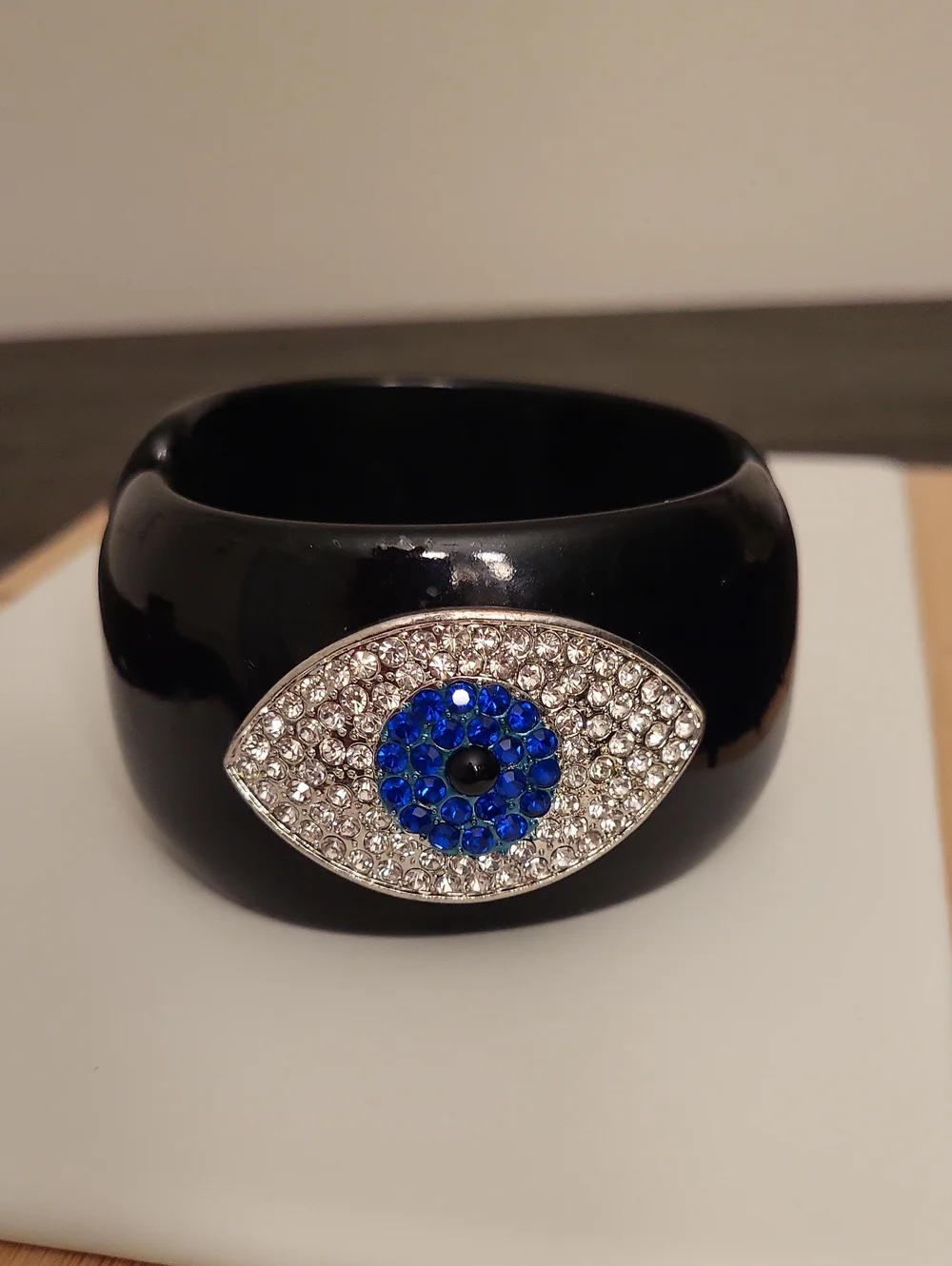 Vintage Lucite Hinged Rhinestone Evil Eye Bangle Bracelet